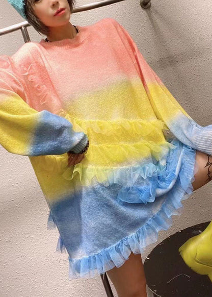 Damen Regenbogen O-Ausschnitt Rüschen Strick Herbst Lockerer langer Pullover