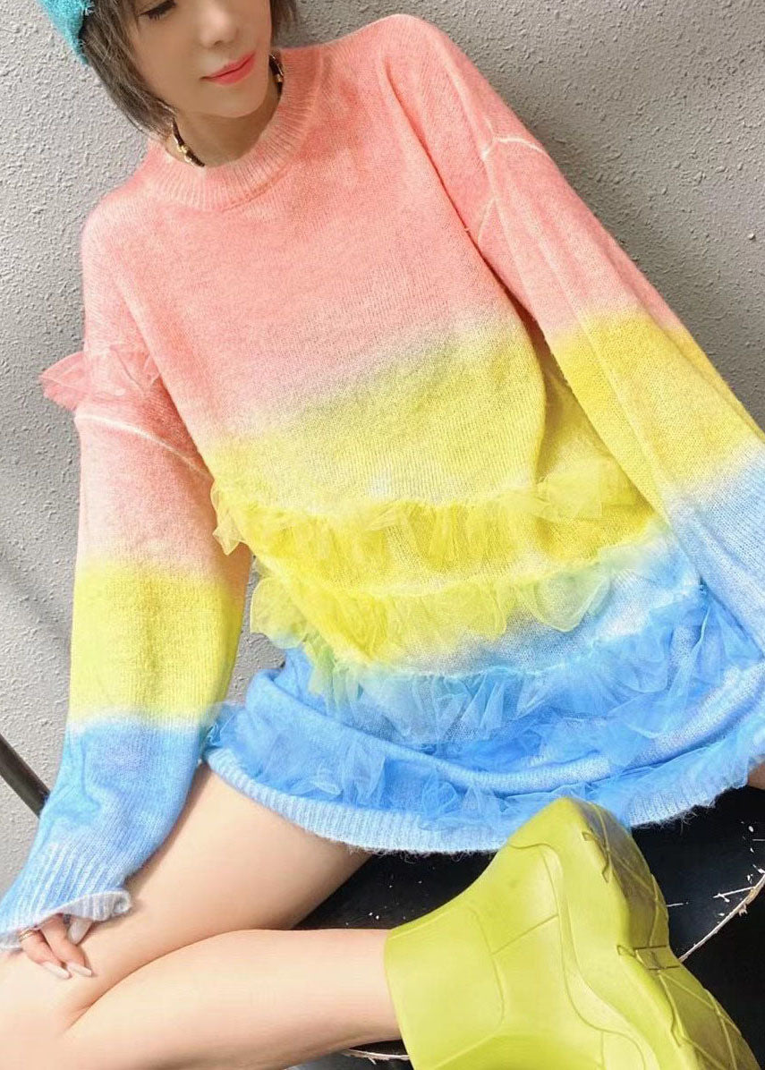 Damen Regenbogen O-Ausschnitt Rüschen Strick Herbst Lockerer langer Pullover