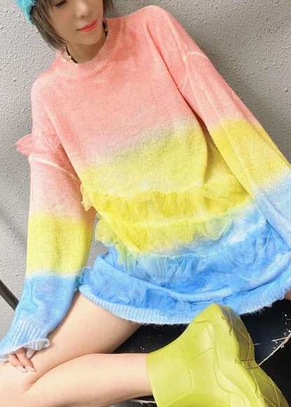 Damen Regenbogen O-Ausschnitt Rüschen Strick Herbst Lockerer langer Pullover