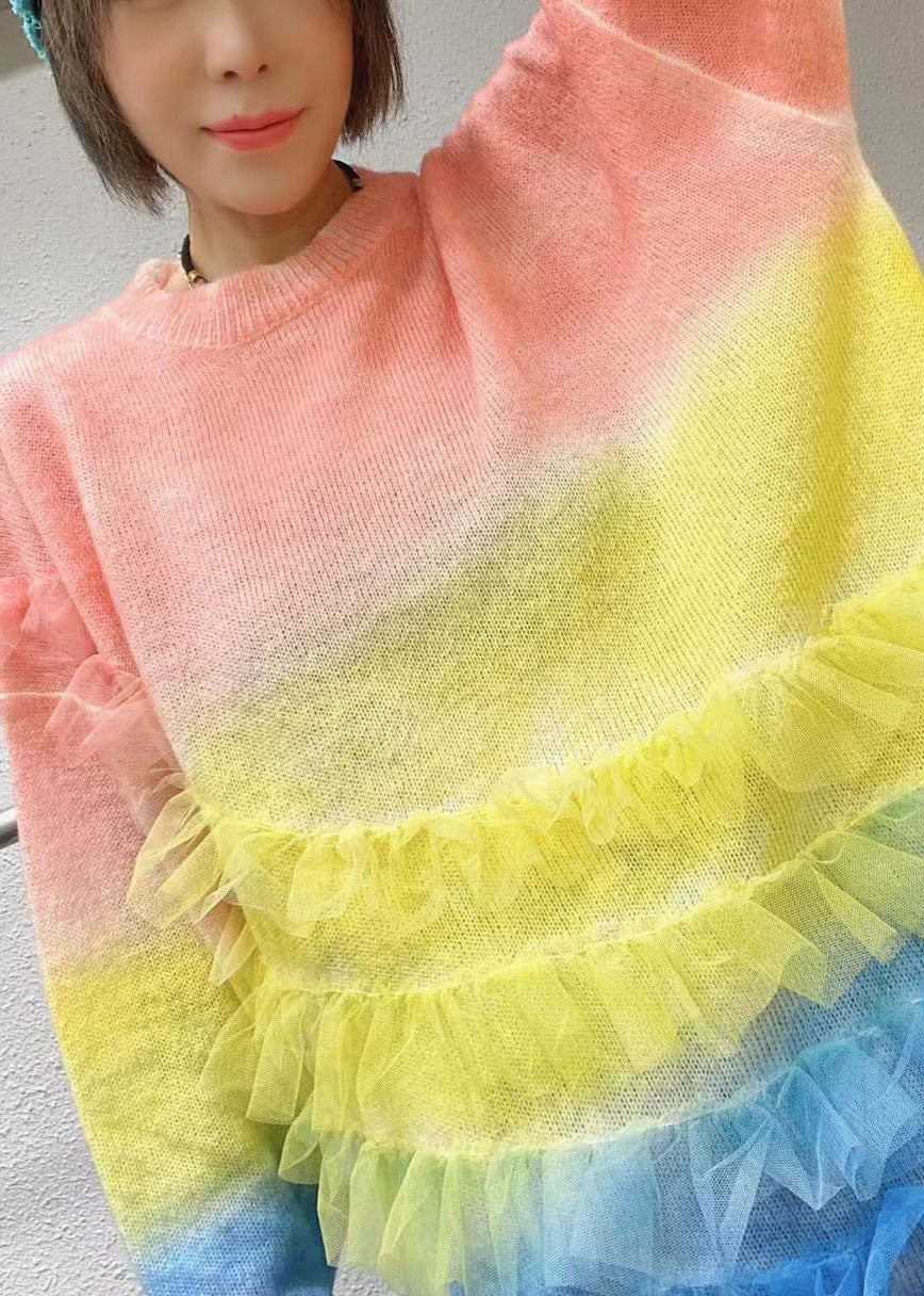 Damen Regenbogen O-Ausschnitt Rüschen Strick Herbst Lockerer langer Pullover