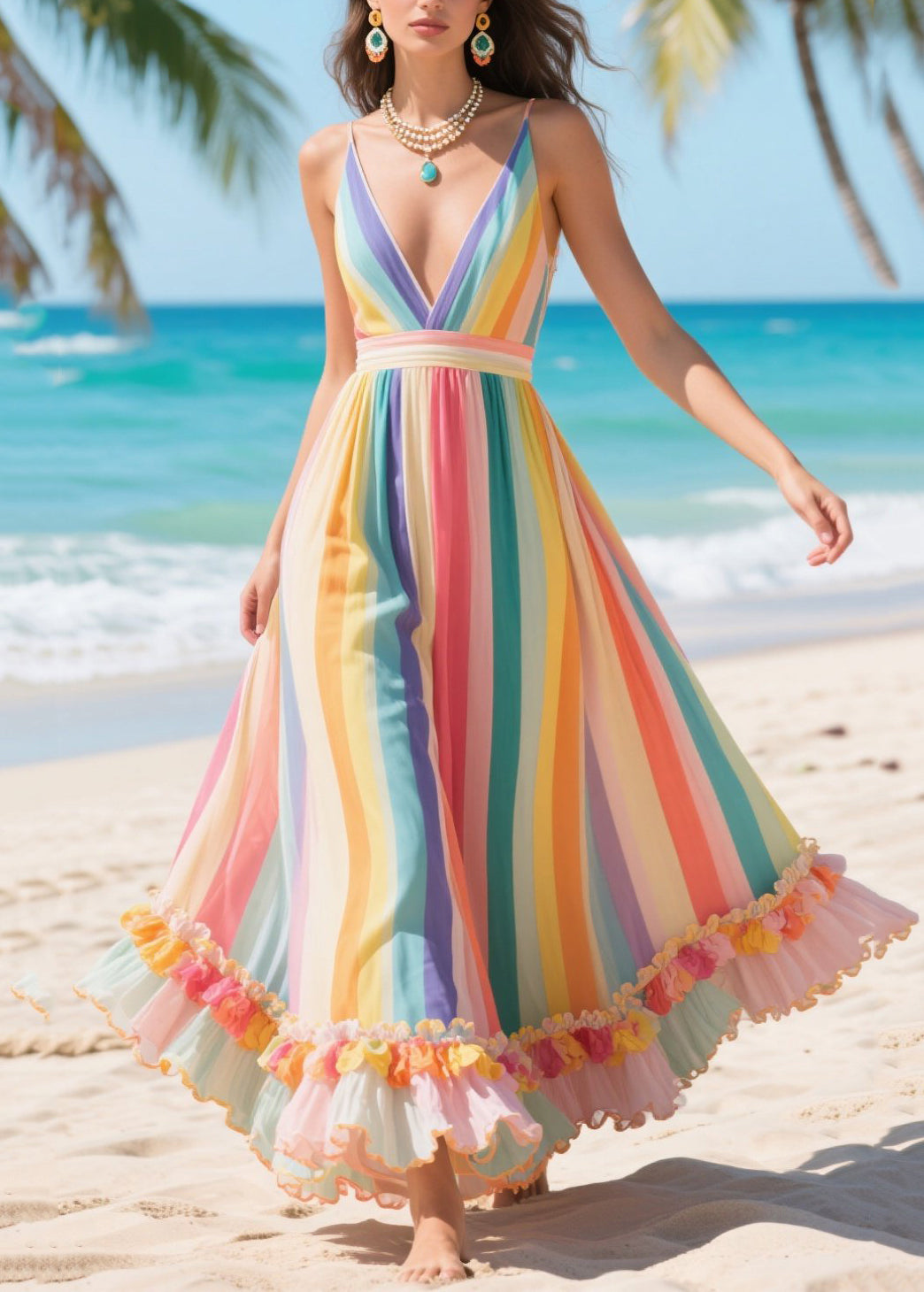 Women Rainbow Patchwork Exra Large Hem Silk Summer Beach Dress