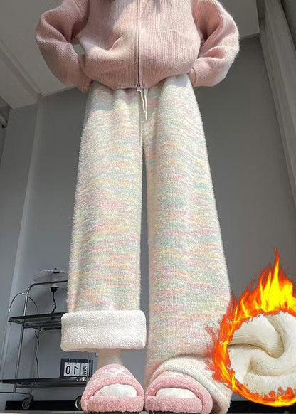 Damen Regenbogenmuster Hose aus warmem Fleece mit elastischem Bund, gerade geschnitten, Winterhose