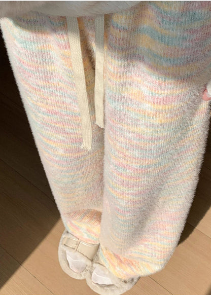 Damen Regenbogenmuster Hose aus warmem Fleece mit elastischem Bund, gerade geschnitten, Winterhose