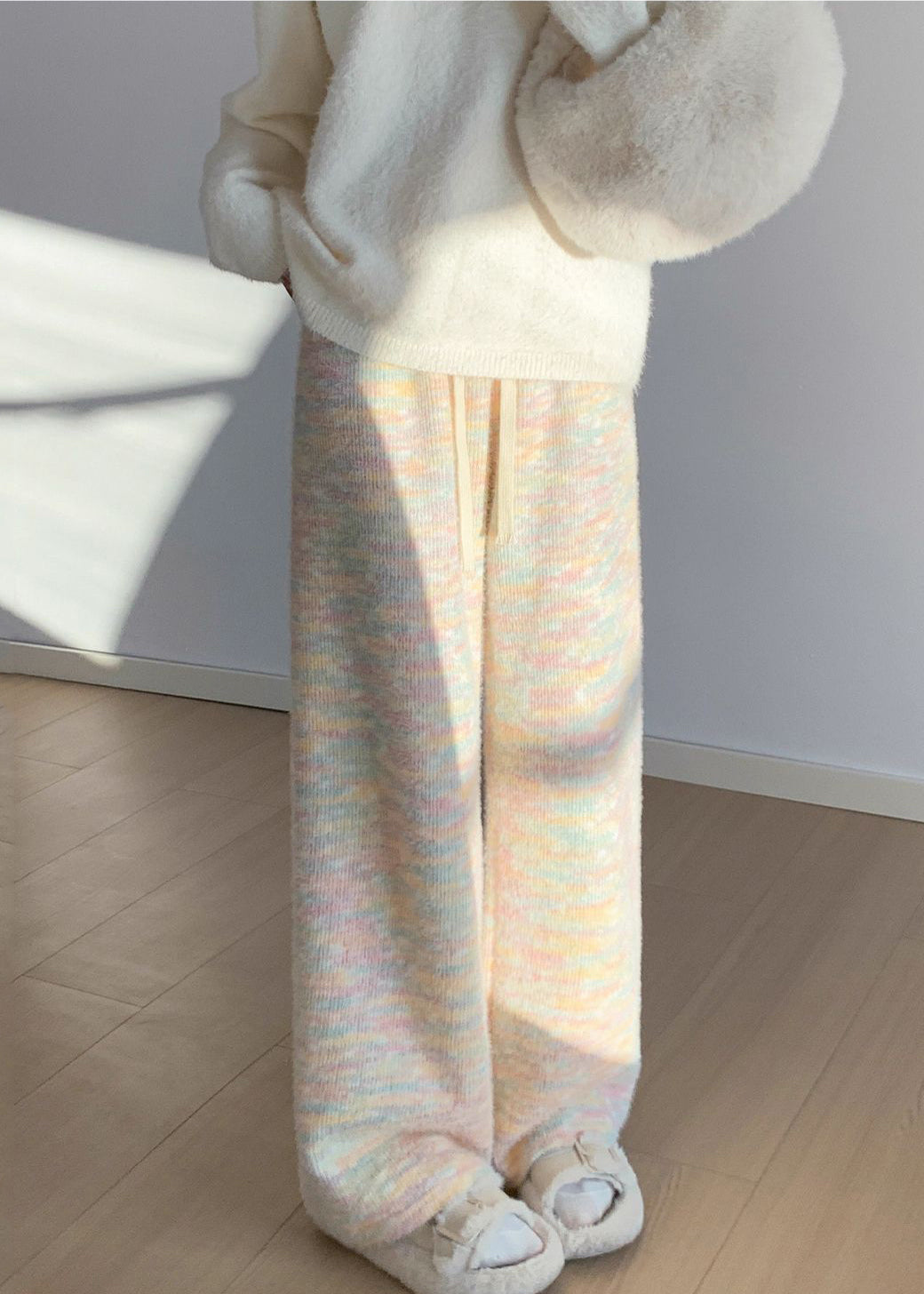 Damen Regenbogenmuster Hose aus warmem Fleece mit elastischem Bund, gerade geschnitten, Winterhose