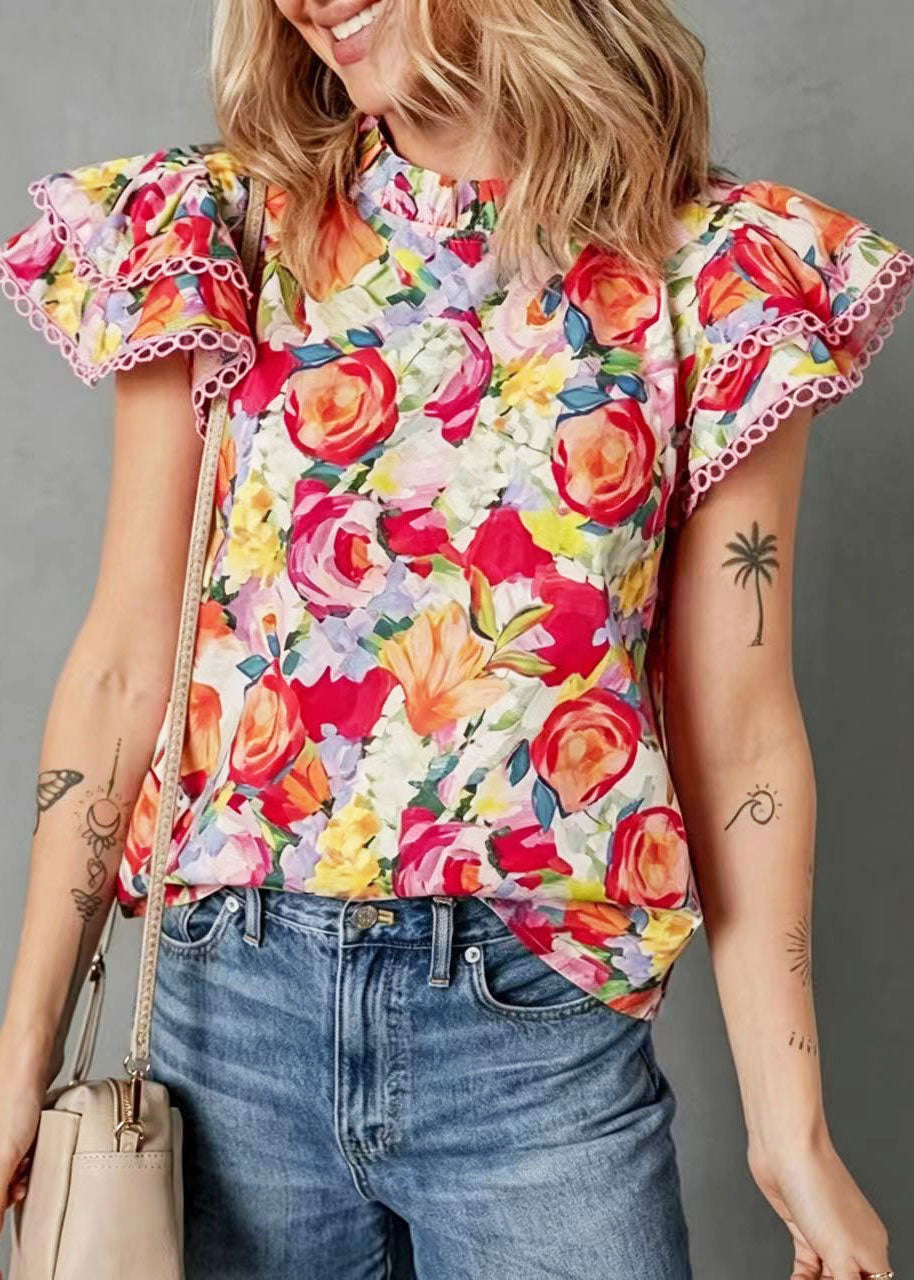 Women Rainbow Stand Collar Print Cotton Shirt Butterfly Sleeve