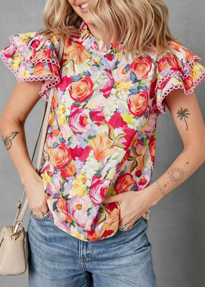 Women Rainbow Stand Collar Print Cotton Shirt Butterfly Sleeve
