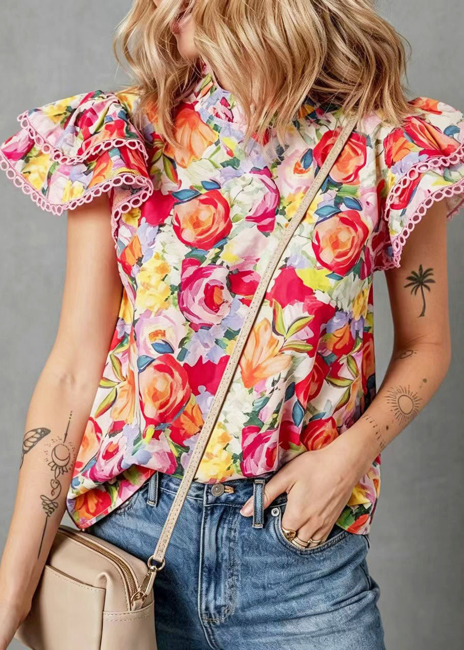 Women Rainbow Stand Collar Print Cotton Shirt Butterfly Sleeve