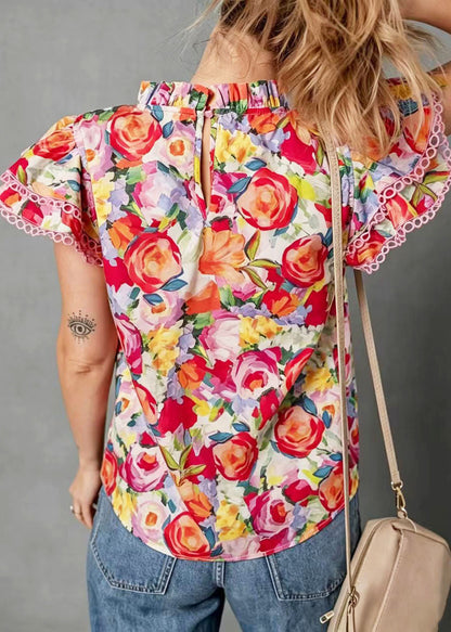Women Rainbow Stand Collar Print Cotton Shirt Butterfly Sleeve
