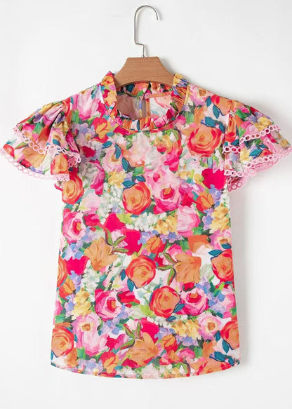 Women Rainbow Stand Collar Print Cotton Shirt Butterfly Sleeve