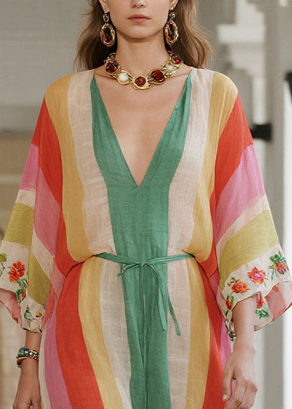 Women Rainbow Striped Tie Waist Cotton Tunic Dresses Summer