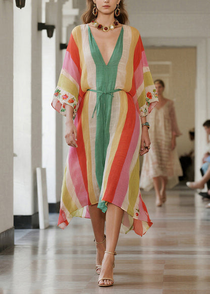 Women Rainbow Striped Tie Waist Cotton Tunic Dresses Summer