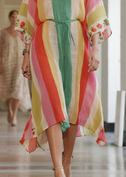 Women Rainbow Striped Tie Waist Cotton Tunic Dresses Summer