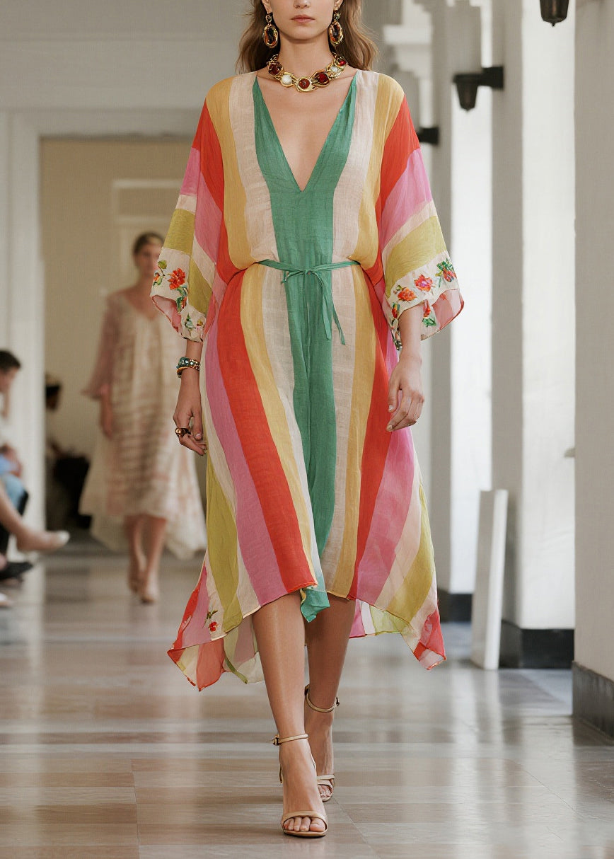 Women Rainbow Striped Tie Waist Cotton Tunic Dresses Summer