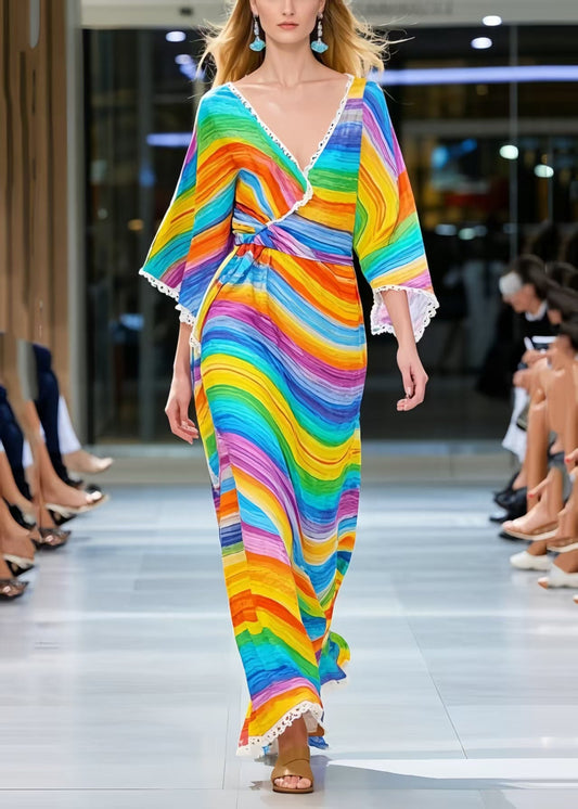Women Rainbow V Neck Striped Chiffon Dress Summer