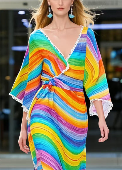 Women Rainbow V Neck Striped Chiffon Dress Summer