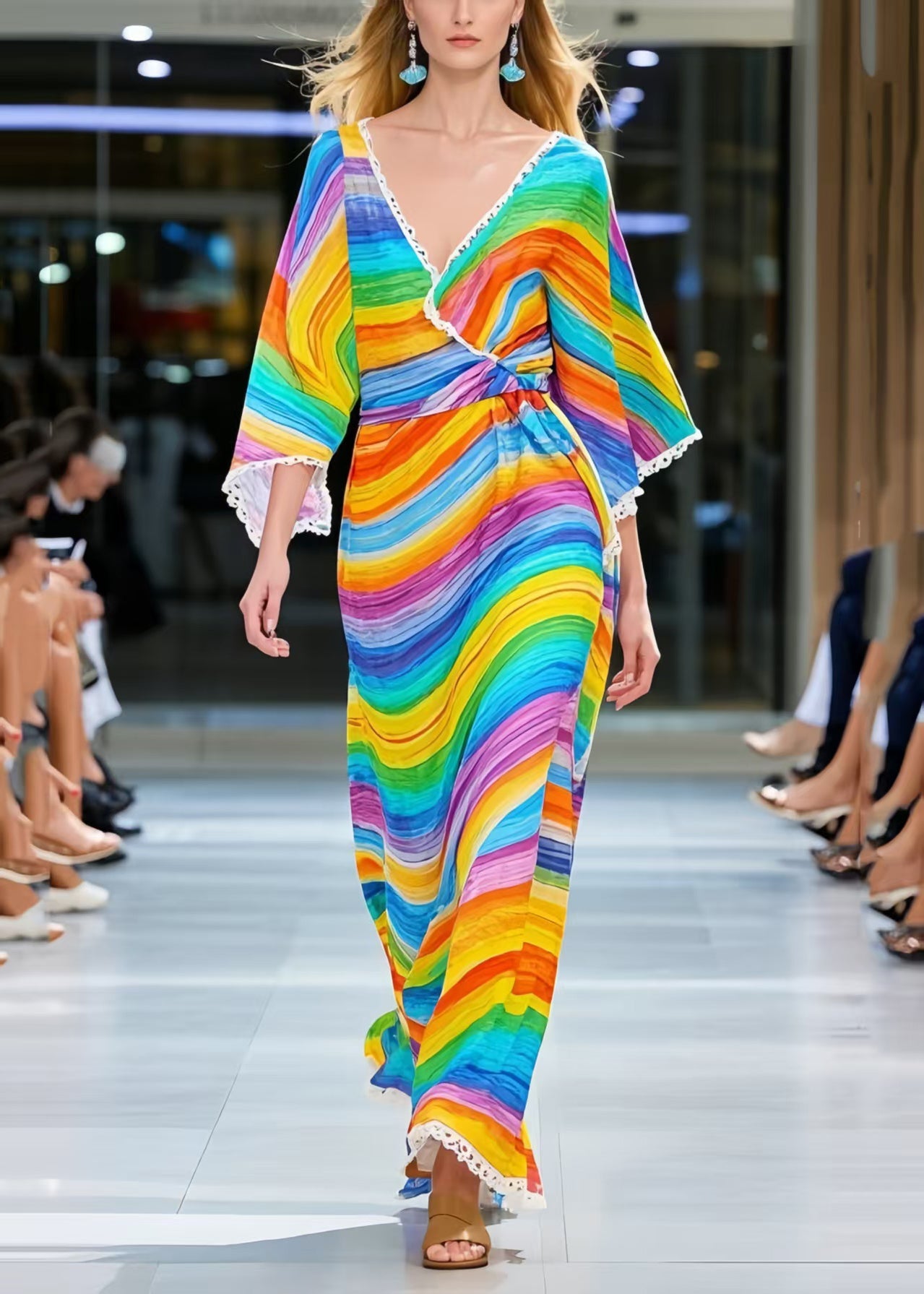 Women Rainbow V Neck Striped Chiffon Dress Summer