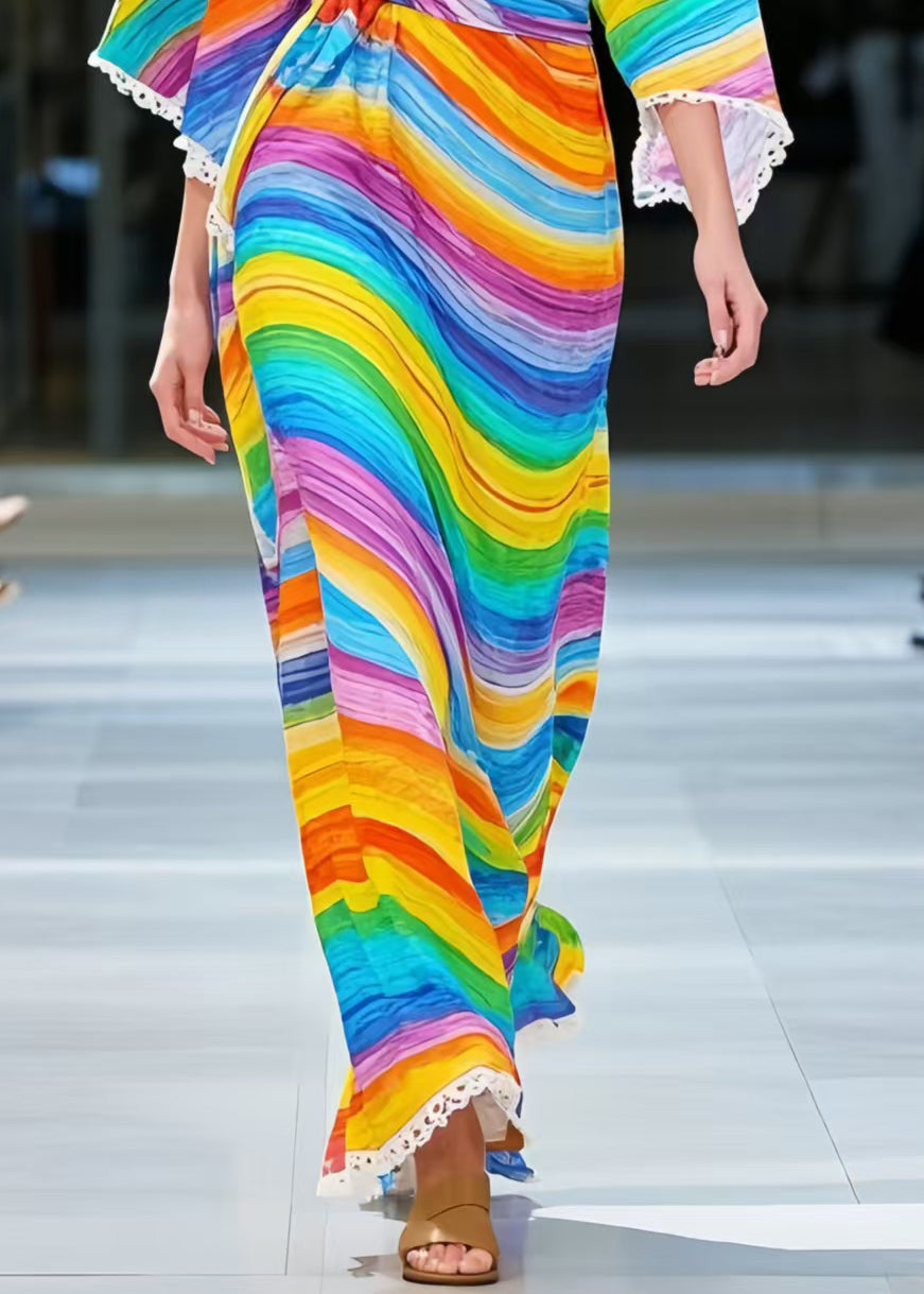 Women Rainbow V Neck Striped Chiffon Dress Summer