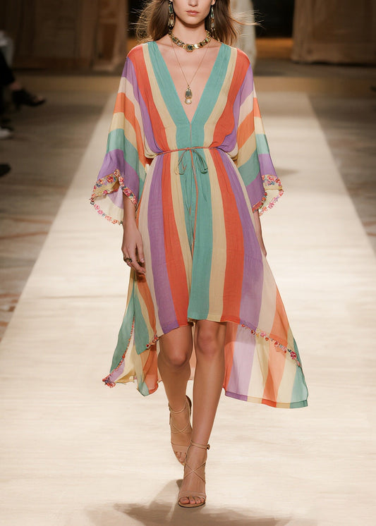 Women Rainbow V Neck Striped Chiffon Holiday Dress Summer