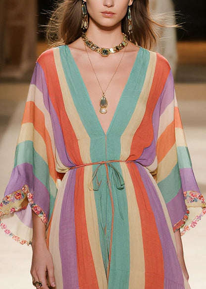Women Rainbow V Neck Striped Chiffon Holiday Dress Summer