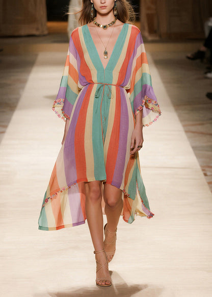 Women Rainbow V Neck Striped Chiffon Holiday Dress Summer