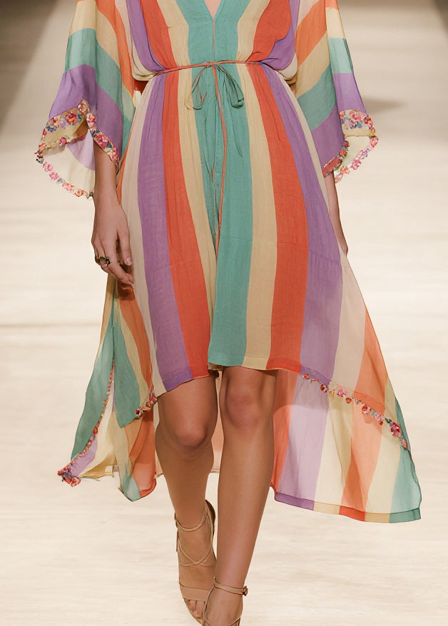 Women Rainbow V Neck Striped Chiffon Holiday Dress Summer