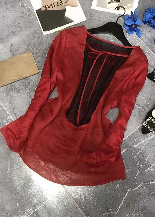 Women Red Back Lace Up Patchwork Cotton Tops Spring