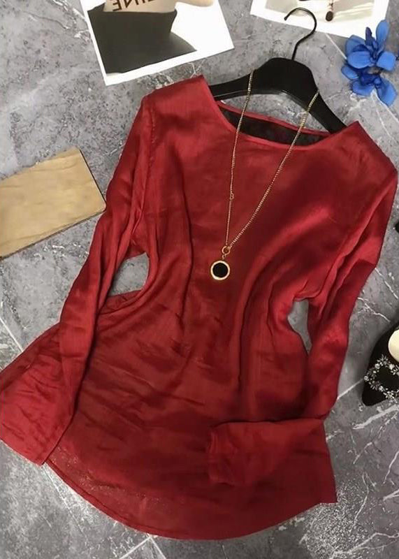 Women Red Back Lace Up Patchwork Cotton Tops Spring