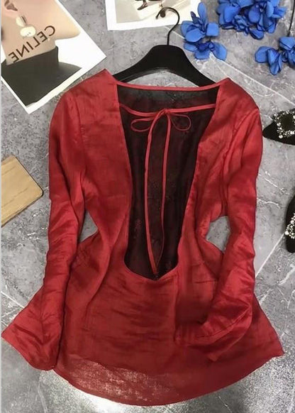 Women Red Back Lace Up Patchwork Cotton Tops Spring