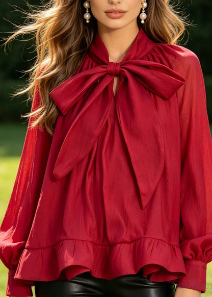 Women Red Bow Patchwork Chiffon Shirt Top Long Sleeve