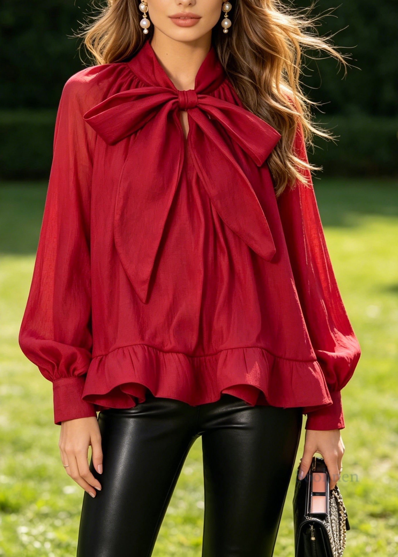 Women Red Bow Patchwork Chiffon Shirt Top Long Sleeve