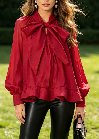 Women Red Bow Patchwork Chiffon Shirt Top Long Sleeve