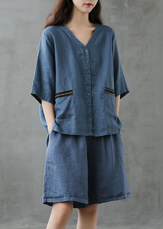 Conjunto de dos piezas de lino con top y pantalones cortos de patchwork con botones rojos para mujer, verano