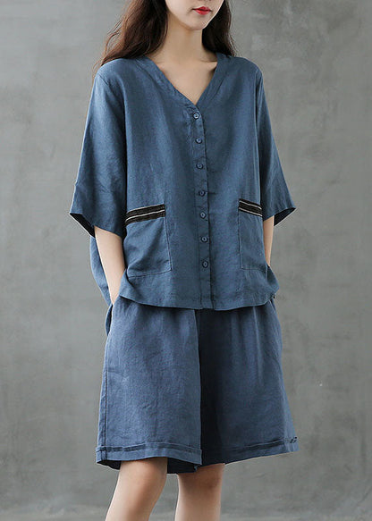 Conjunto de dos piezas de lino con top y pantalones cortos de patchwork con botones rojos para mujer, verano