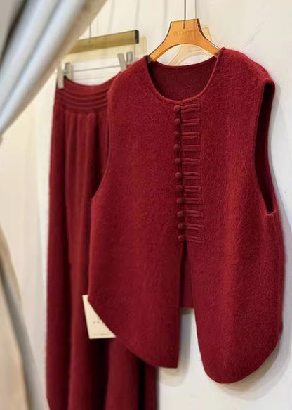 Chalecos de punto con botones chinos rojos y laterales abiertos para mujer, invierno