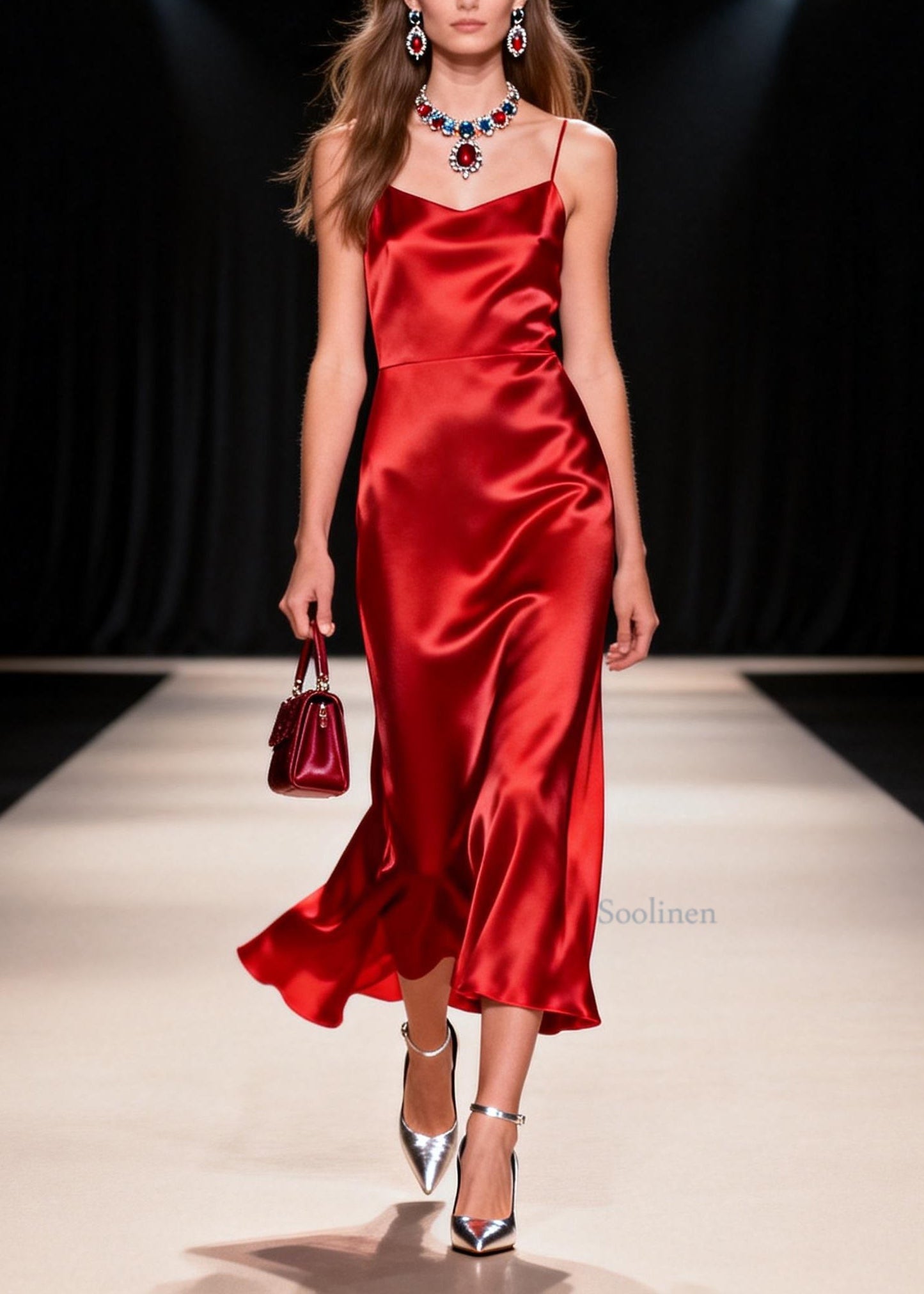 Women Red Draping Silk Spaghetti Strap Dress Summer