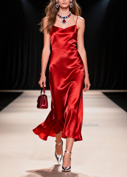 Women Red Draping Silk Spaghetti Strap Dress Summer