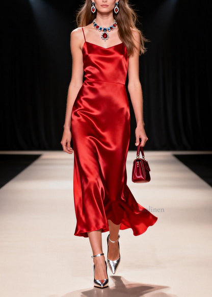 Women Red Draping Silk Spaghetti Strap Dress Summer
