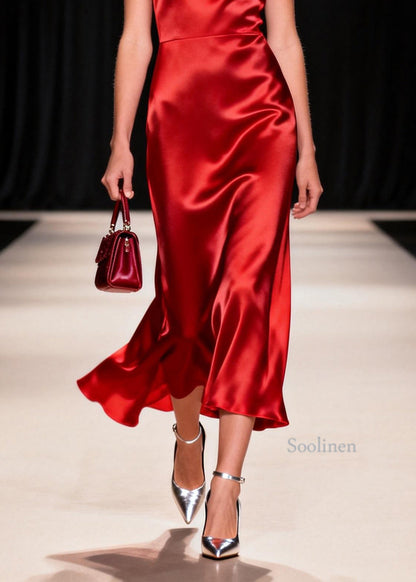 Women Red Draping Silk Spaghetti Strap Dress Summer