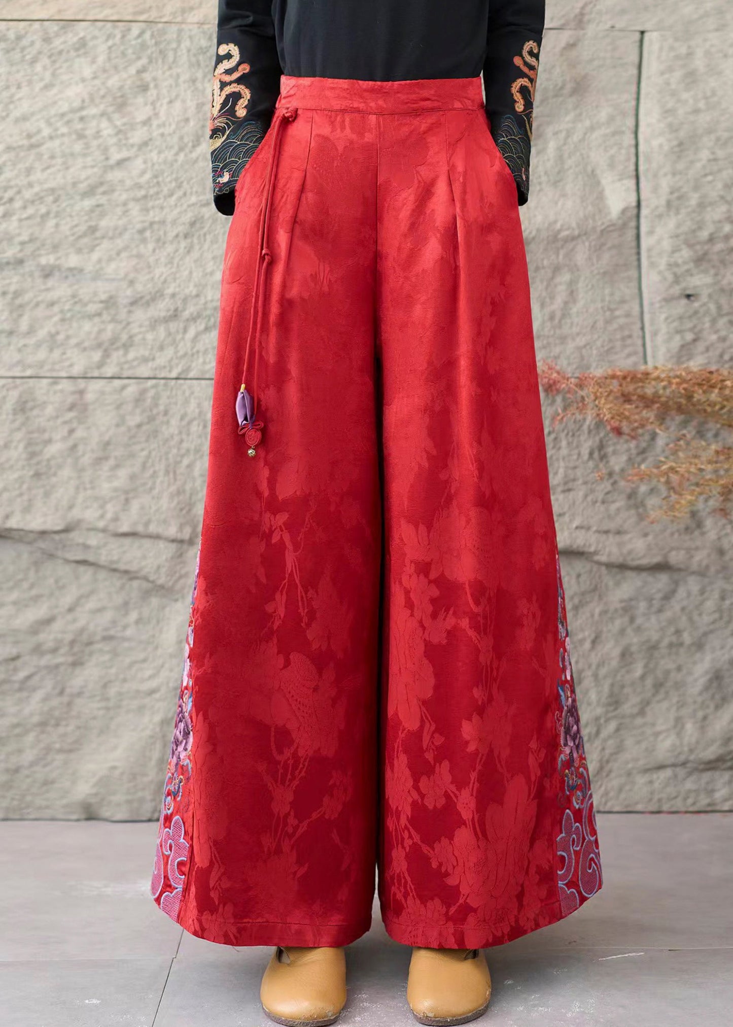 Women Red Embroidered Jacquard Silk Straigh Pants Spring