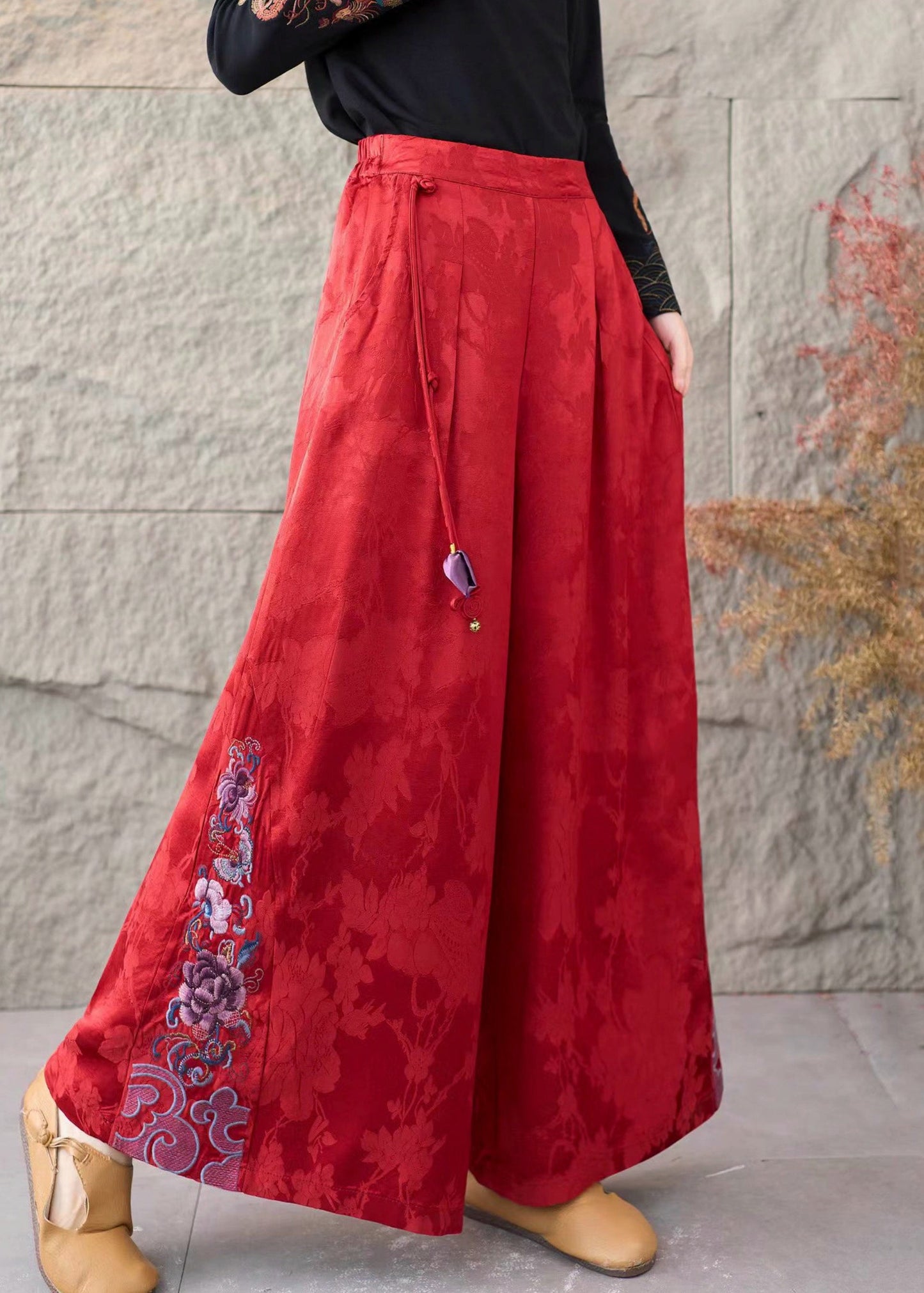 Women Red Embroidered Jacquard Silk Straigh Pants Spring