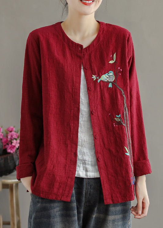 Frauen Rot Embroideried Patchwork Baumwolle Strickjacken Mäntel