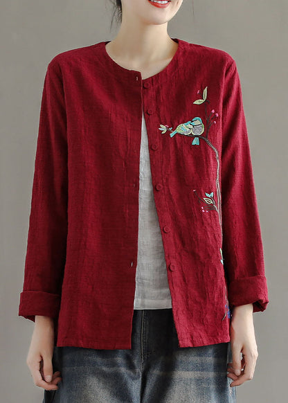 Frauen Rot Embroideried Patchwork Baumwolle Strickjacken Mäntel