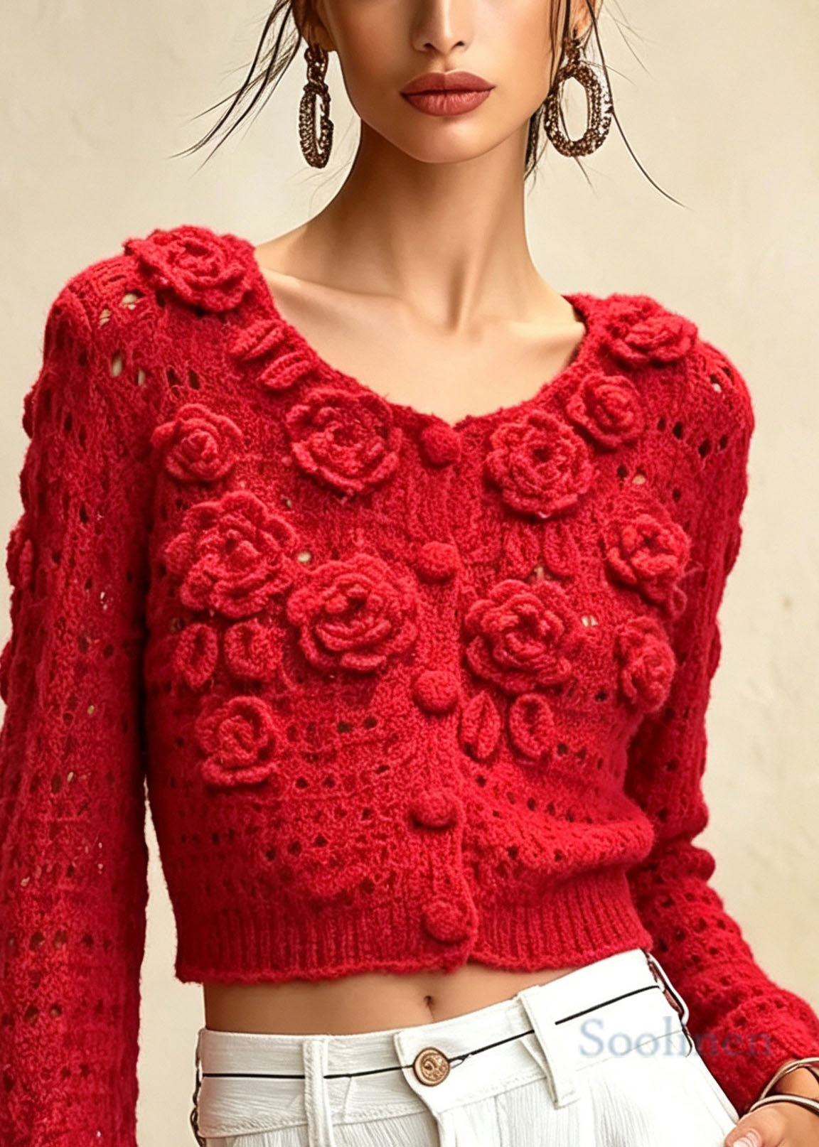 Women Red O Neck Floral Hollow Out Knit Cardigan Fall