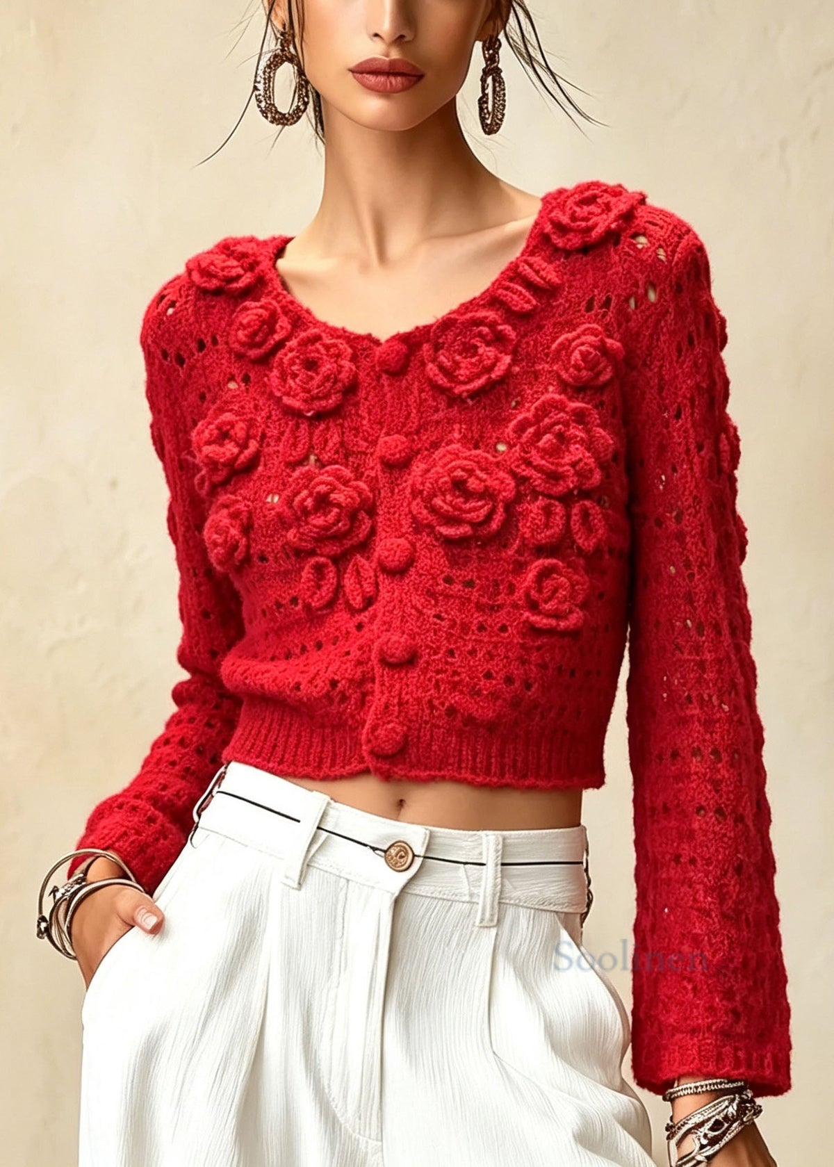 Women Red O Neck Floral Hollow Out Knit Cardigan Fall