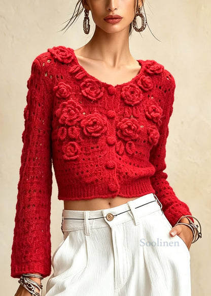 Women Red O Neck Floral Hollow Out Knit Cardigan Fall