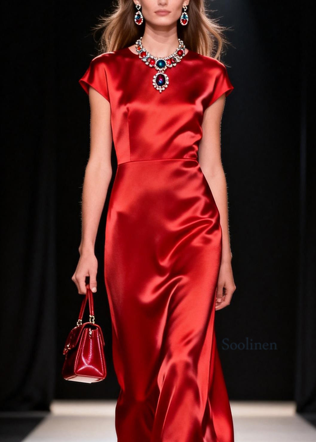 Women Red O Neck Patchwork Silk Long Dress Summer