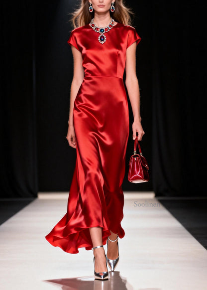 Women Red O Neck Patchwork Silk Long Dress Summer