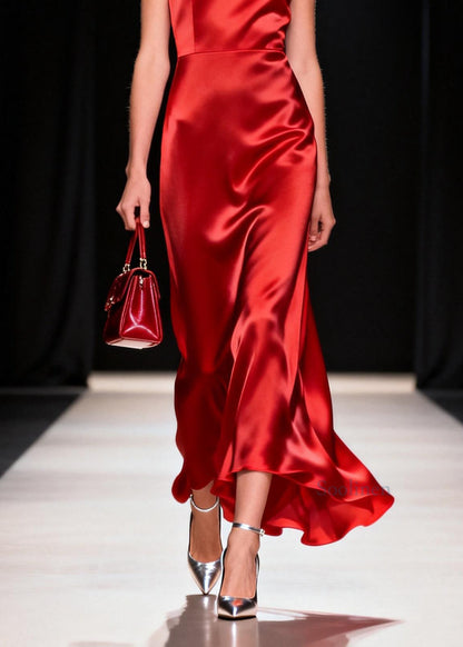 Women Red O Neck Patchwork Silk Long Dress Summer
