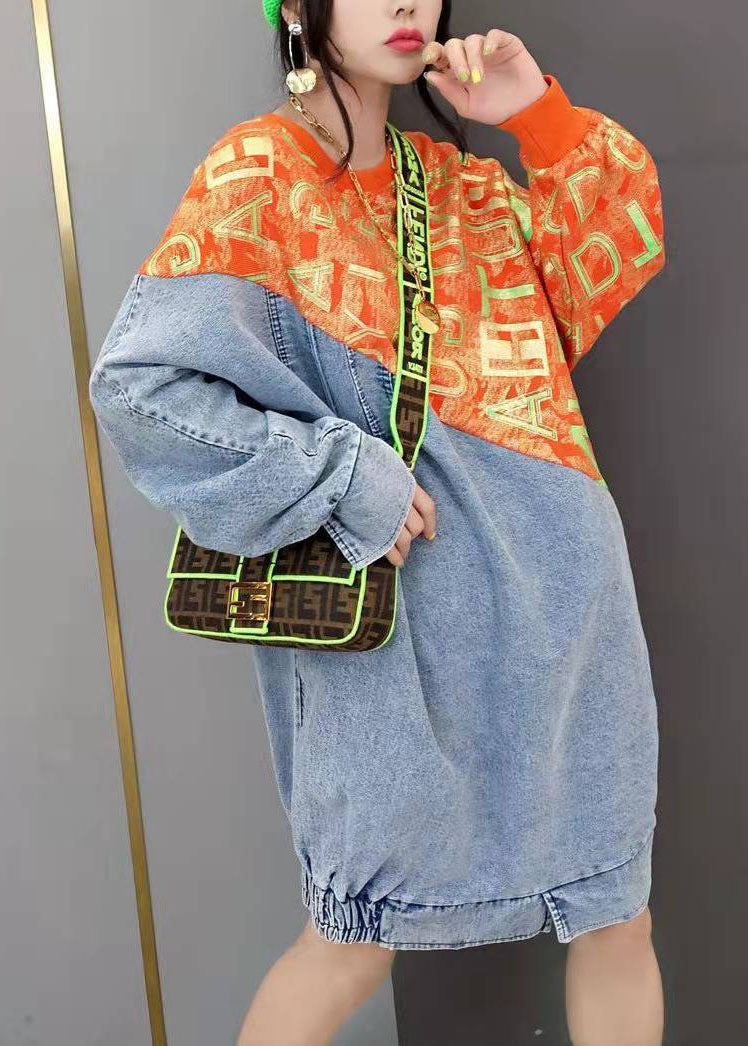 Frauen Rot O-Neck print stricken Patchwork denim Kleider Frühling