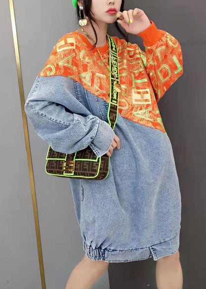 Frauen Rot O-Neck print stricken Patchwork denim Kleider Frühling